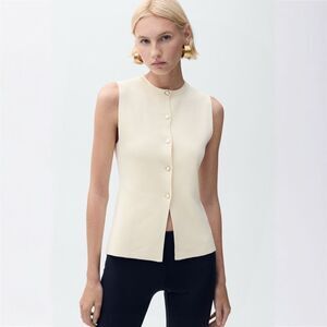 MNG Mango Ribbed Knit Sleeveless Button-Up Vest Top